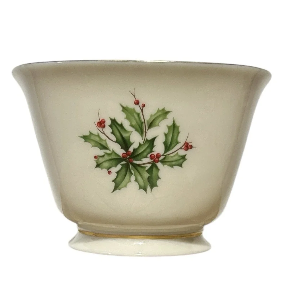 LENOX Holiday Holly Berry Footed Candy Nut Bowl Gold Trim Christmas China USA